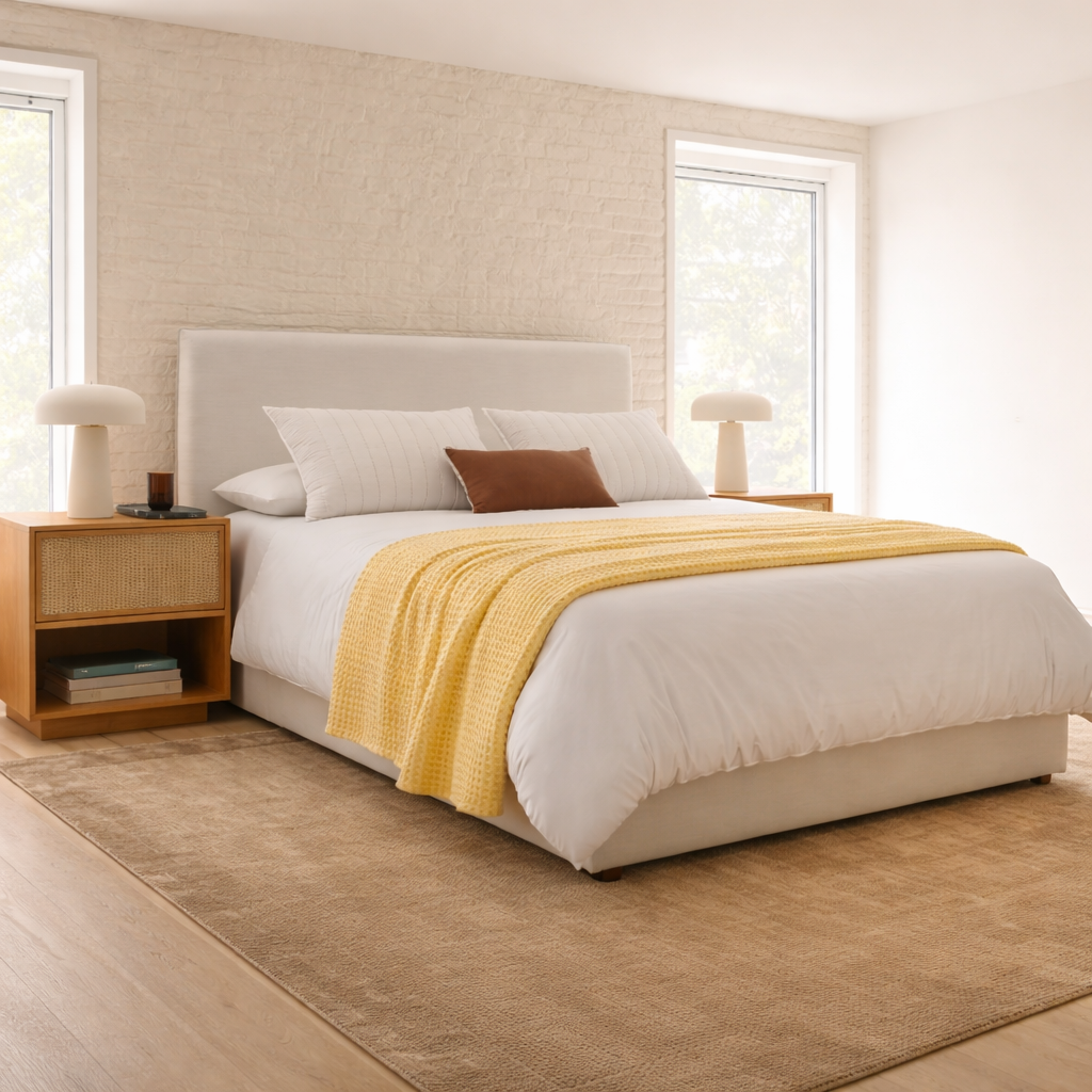 Pledd i gult på seng i et fint soverom. 