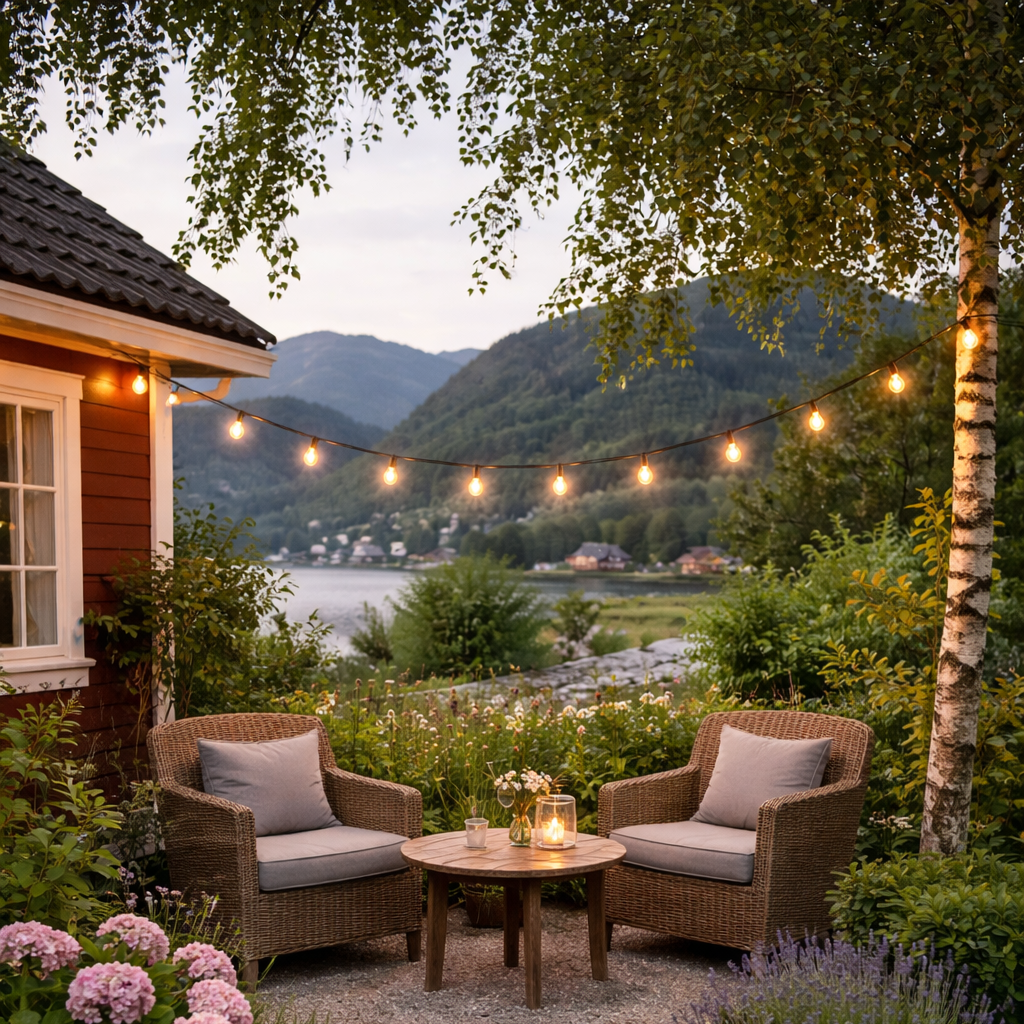 Koselig lys på kvelden ved et sommersted i norge. 