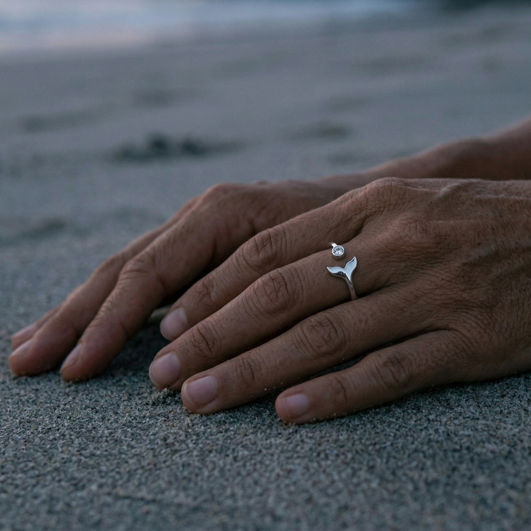 Hender i sang med en sterling sølv ring med en finne på. 