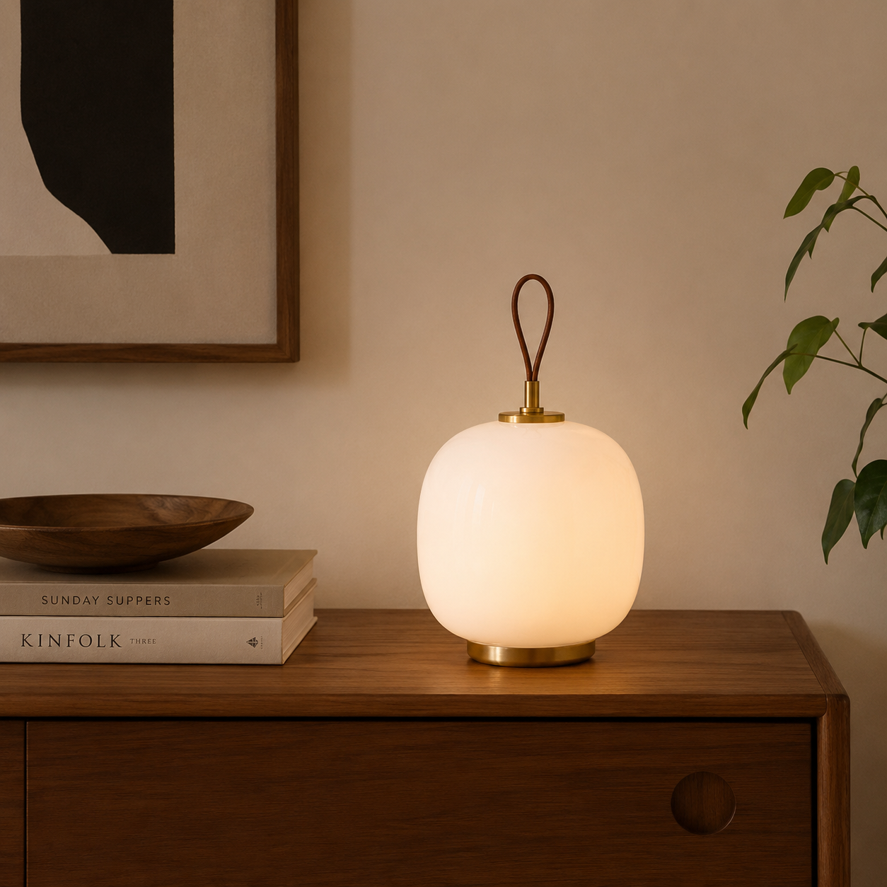 Oval lampe i metall og lær i glass.