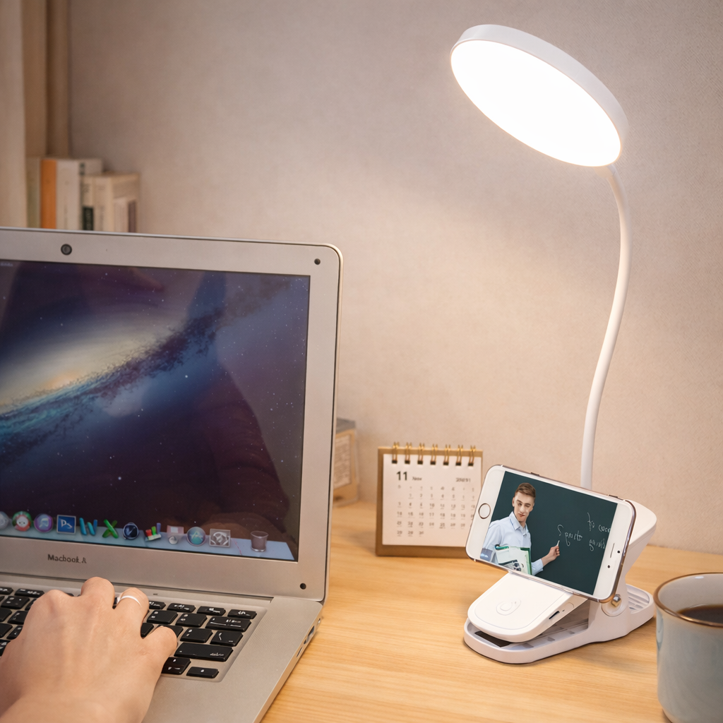 Leselampe med telefonstand på pult. 