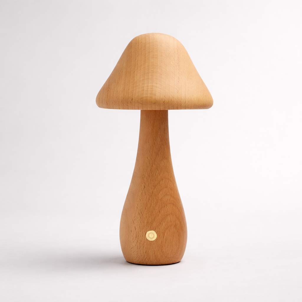 Sopplampe i tre i et hvitt studio. 