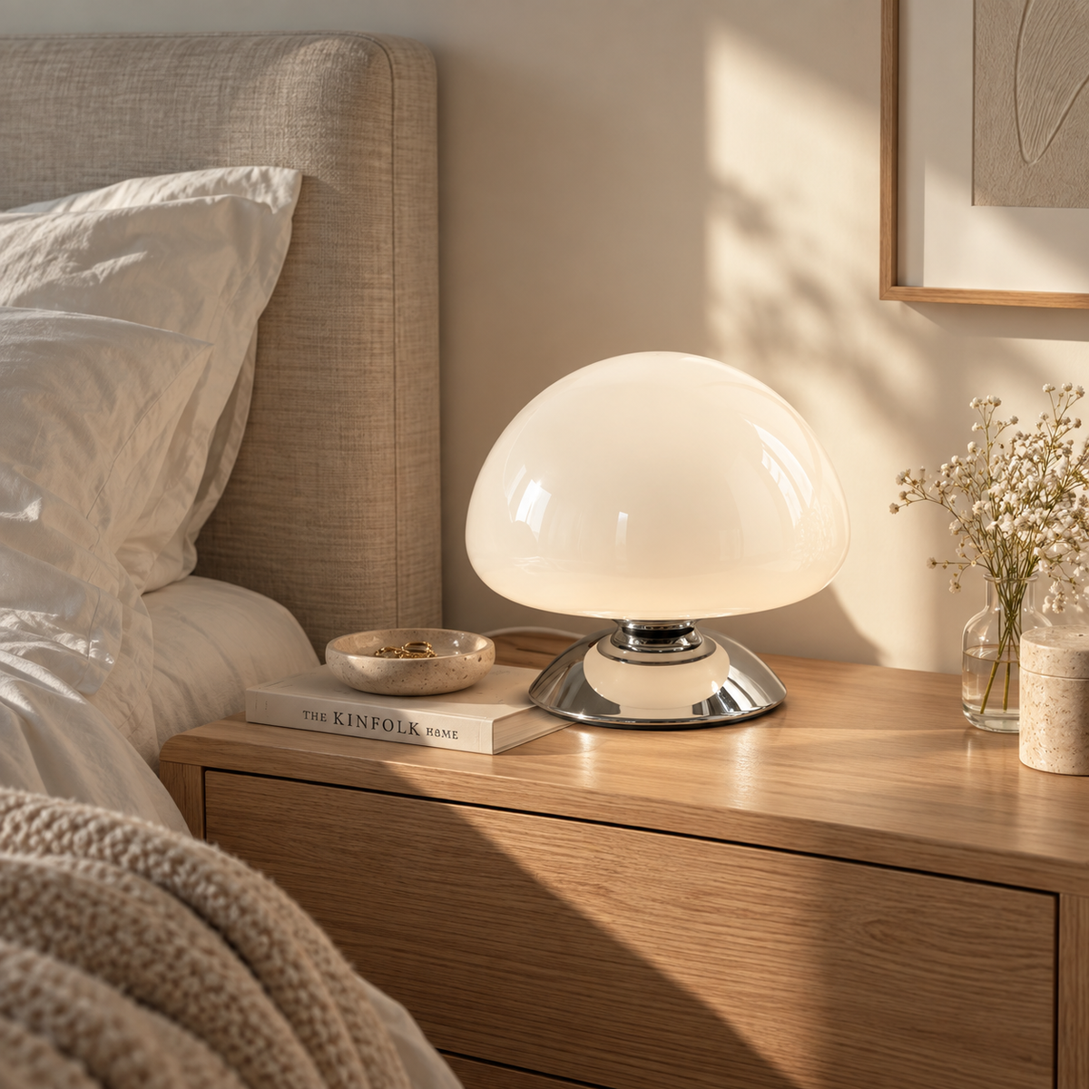 Bordlampe med soppformet glasskjerm og kromsokkel