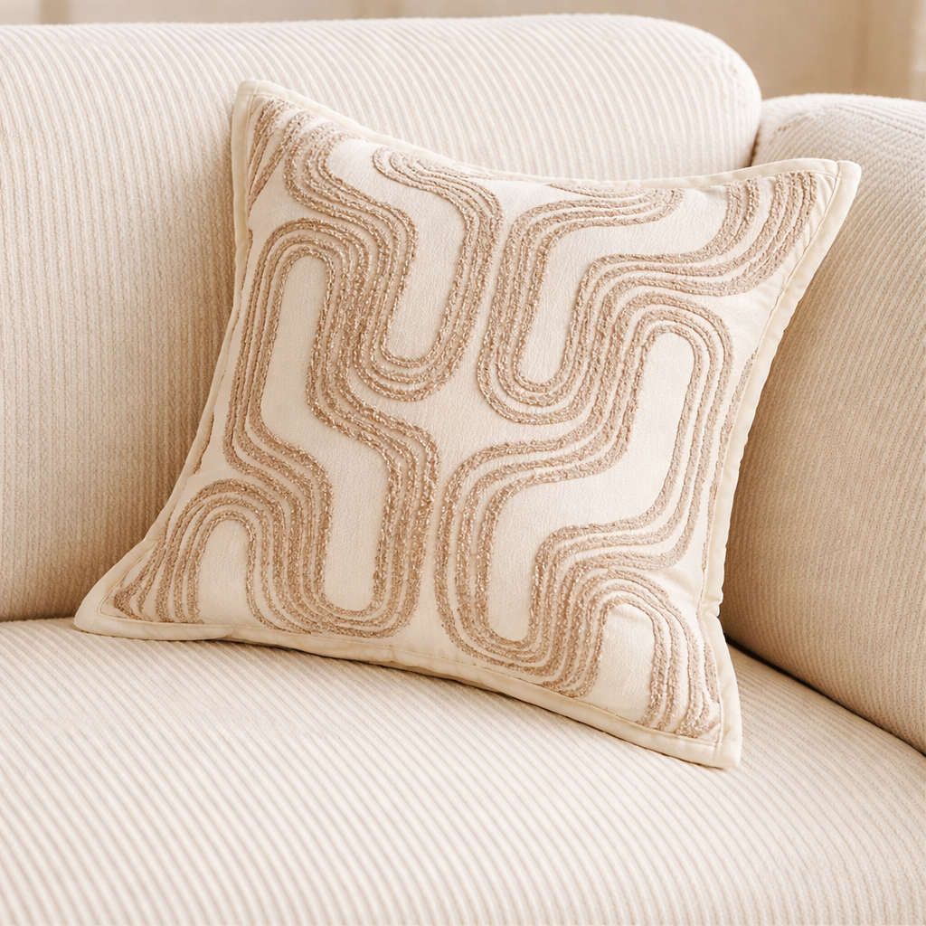Krem farget pute med fint lys brun detaljer. 