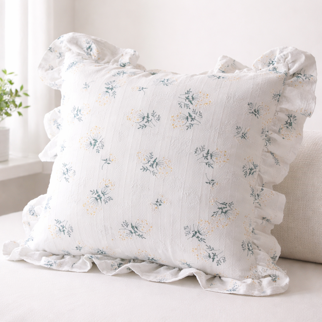 Fin hvit pute med volanger i bomull. 