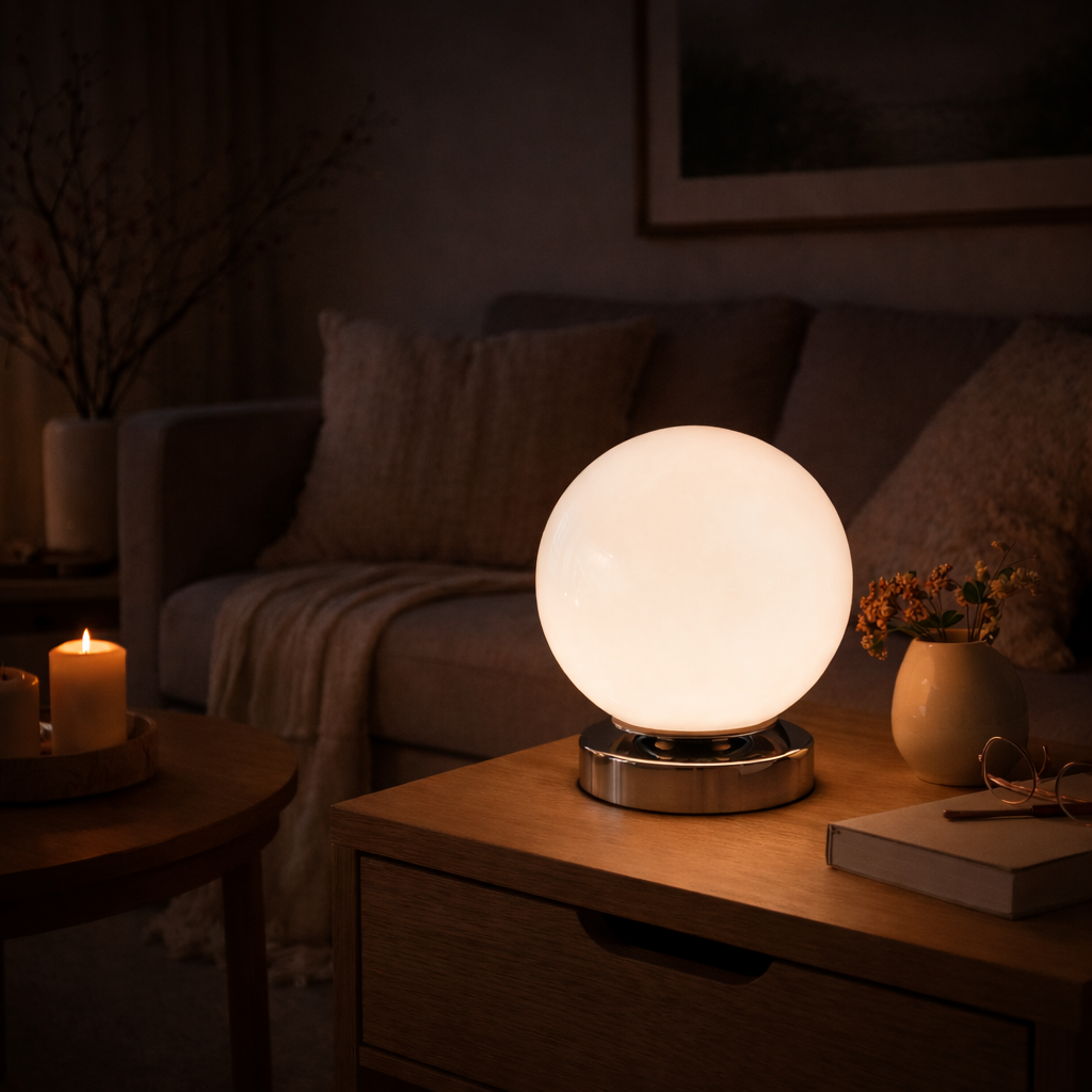 Hvit rund lampe på et bord i en stue som lyser opp rommet. 