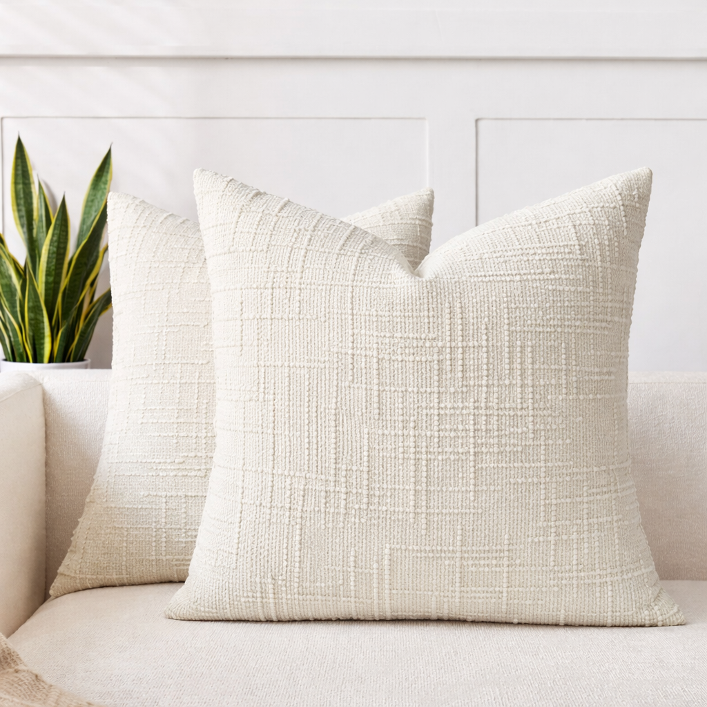 To fine hvite teksturerte putetrekk i sofa