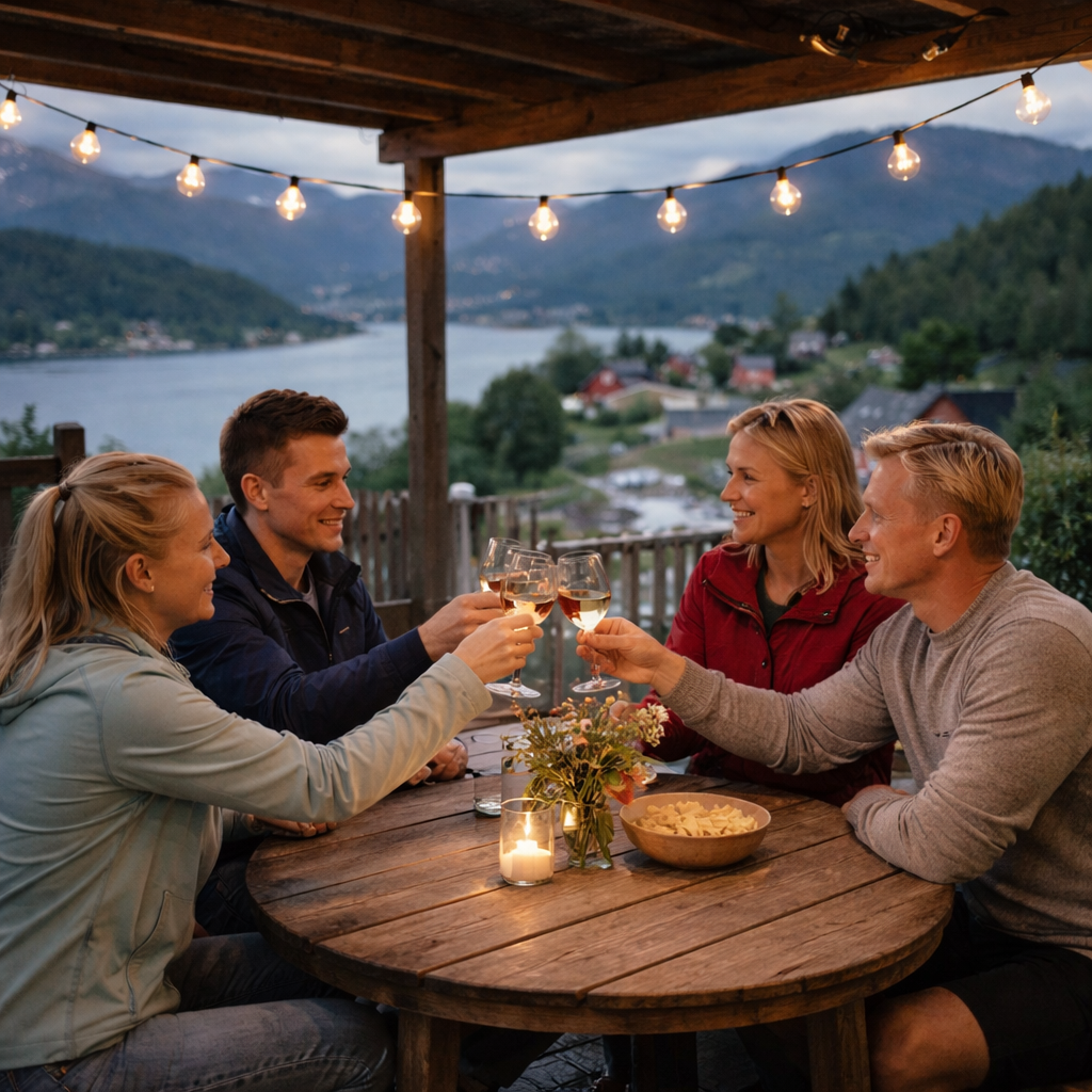 Hyggelig folk som skåler med lyslenke over seg.