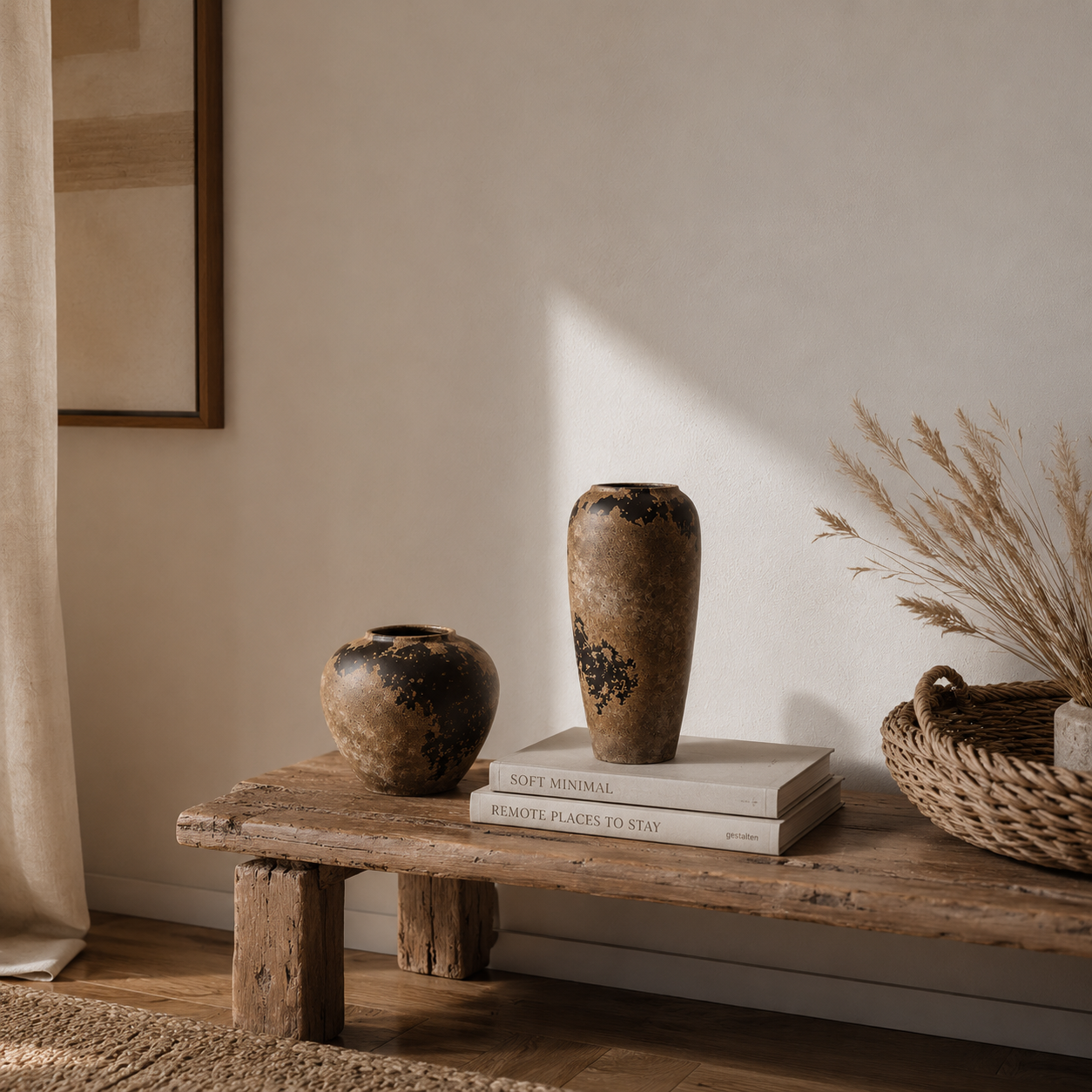 Ceramic vases on a wooden indu bench. 