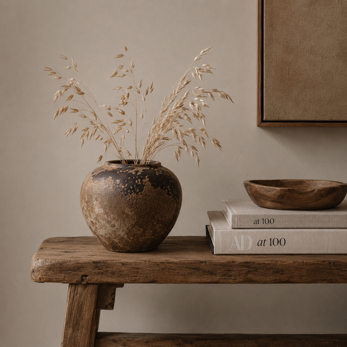 Industriell keramikk vintage vase med strå i på en trebenk.