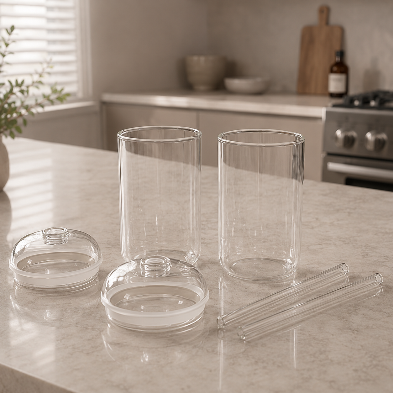 To iskaffe glass på et kjøkken.