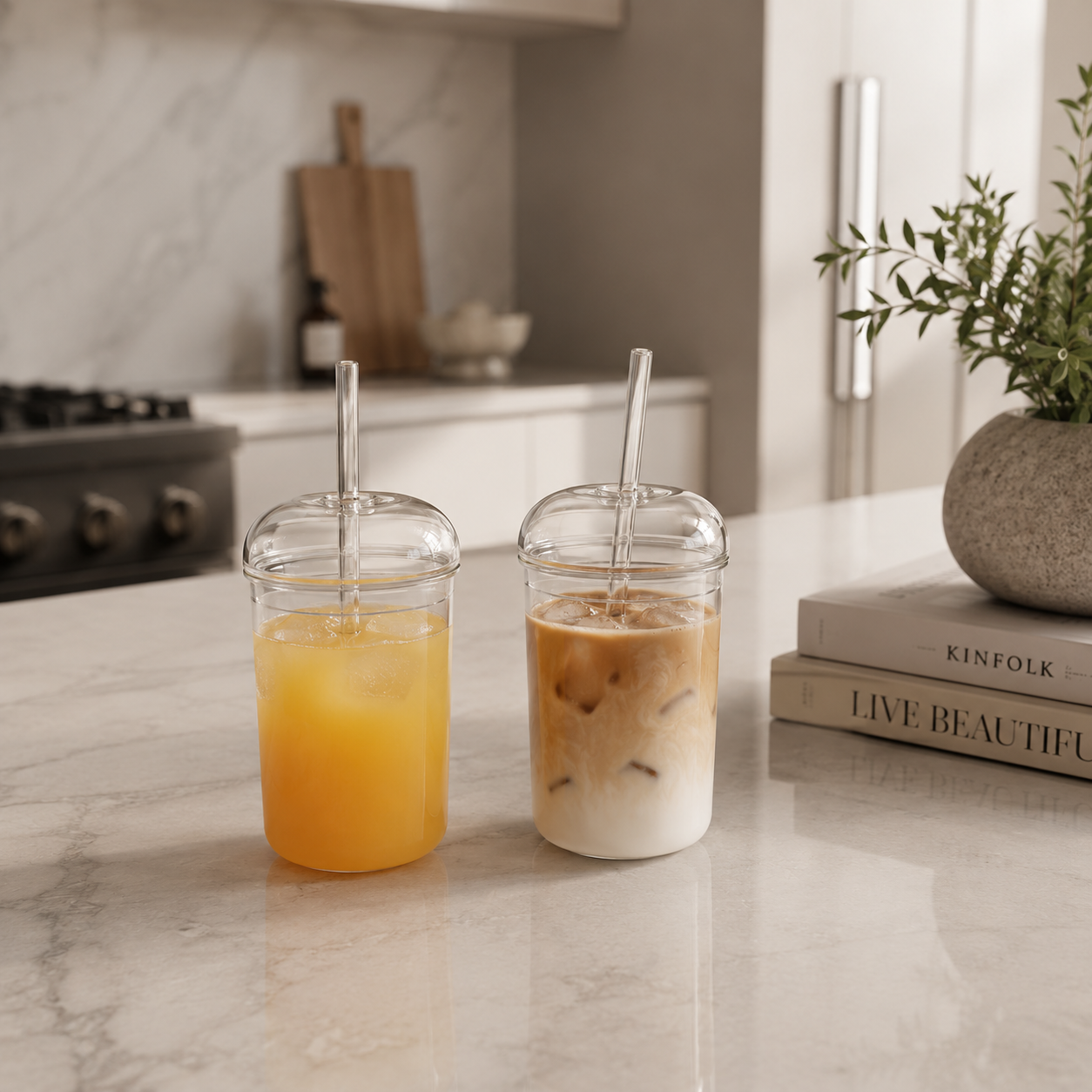 To glass med juice og iskaffe med lokk og sugerør.