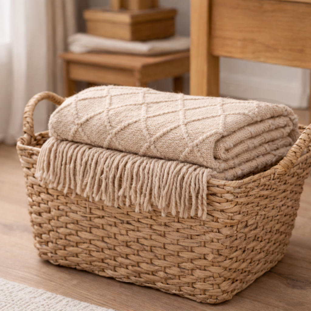 Strikket Nordisk Pledd | Dekorativt Sofa- og Sengeteppe med Dusker