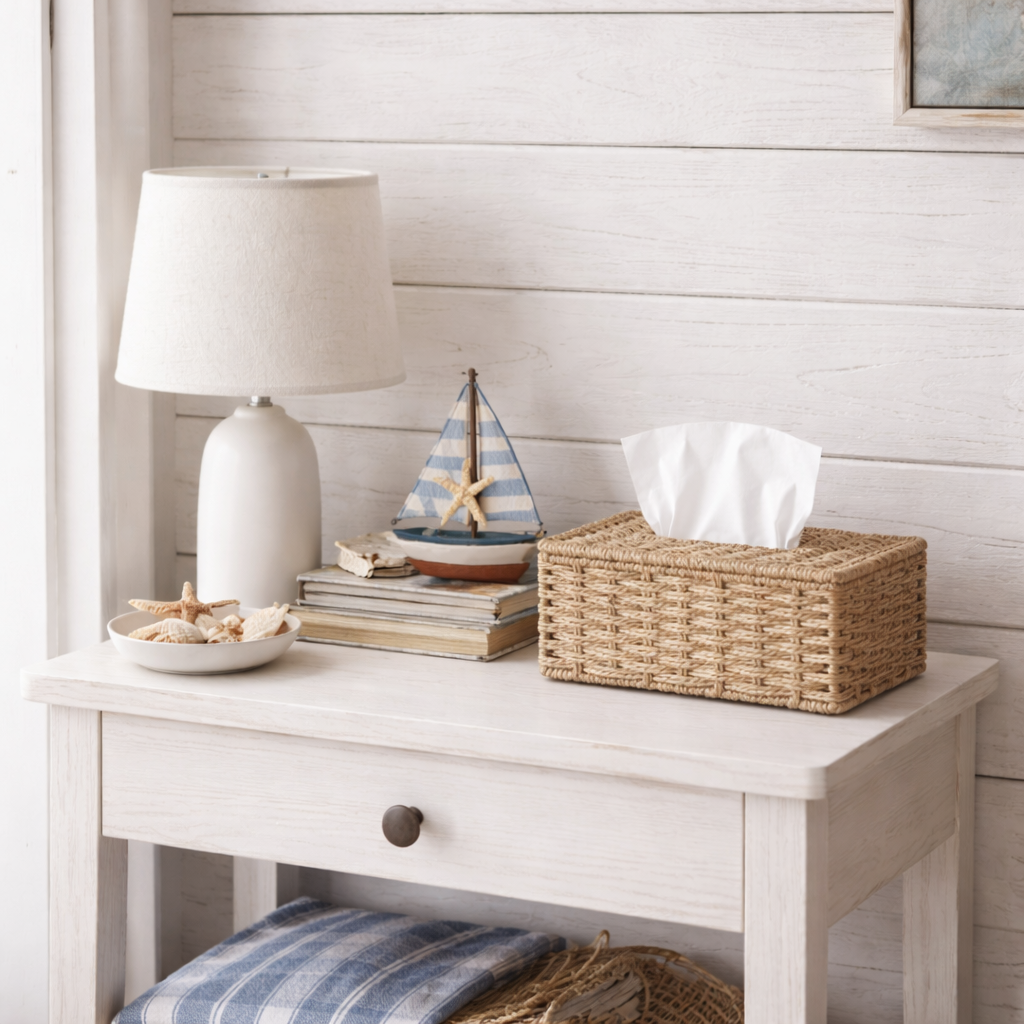 Et fint hvitt bord med en rattan tørkepapirholder på med papir inni. 