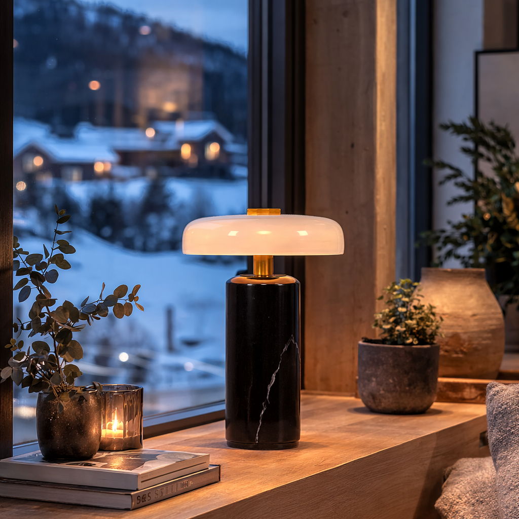 Trådløs led lampe i hylle på hytta. 