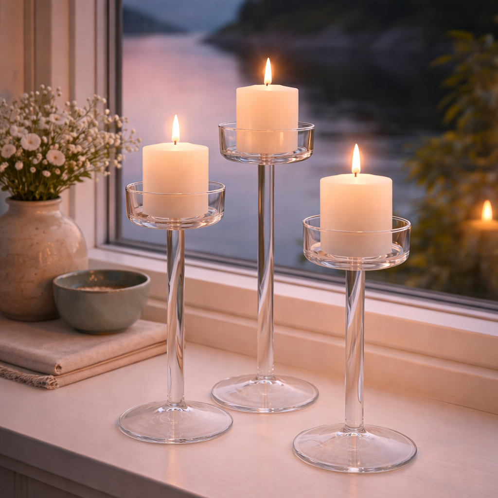 Lysestaker i vinduskarm med kubbelys i.