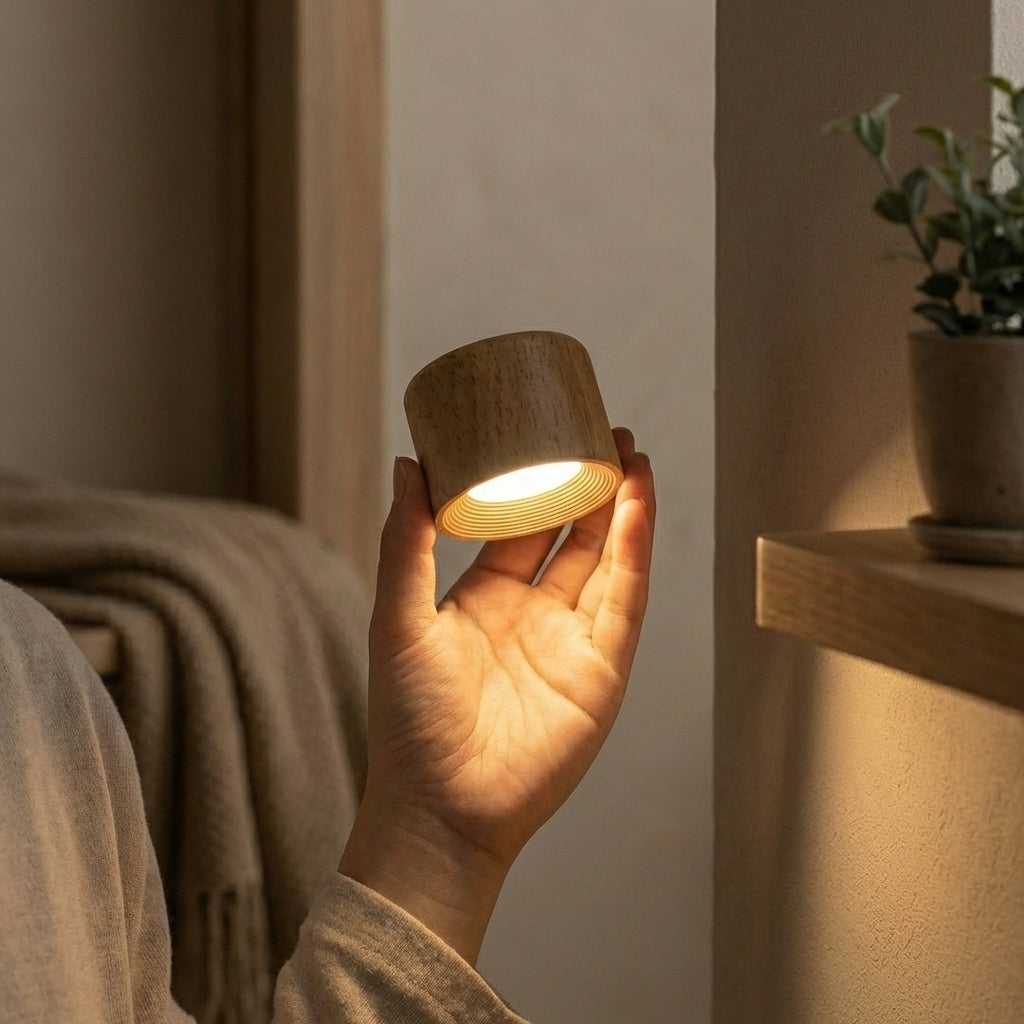 Unik liten vegglampe i tre som kan festes på veggen med en fjernkontroll. 