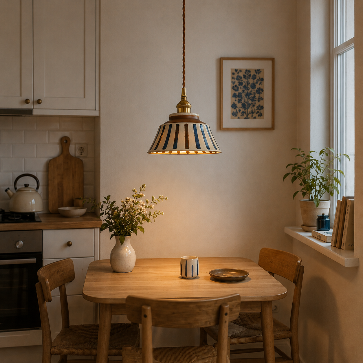 Keramikk taklampe med striper i en kul vintage design i en koselig leilighet. 