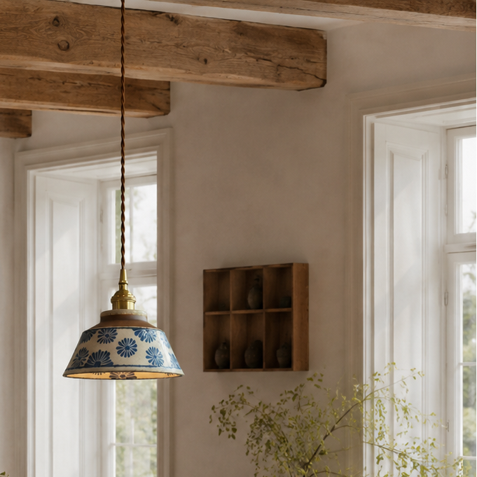 Keramikk Antikk lampe med blomster i en stue. 