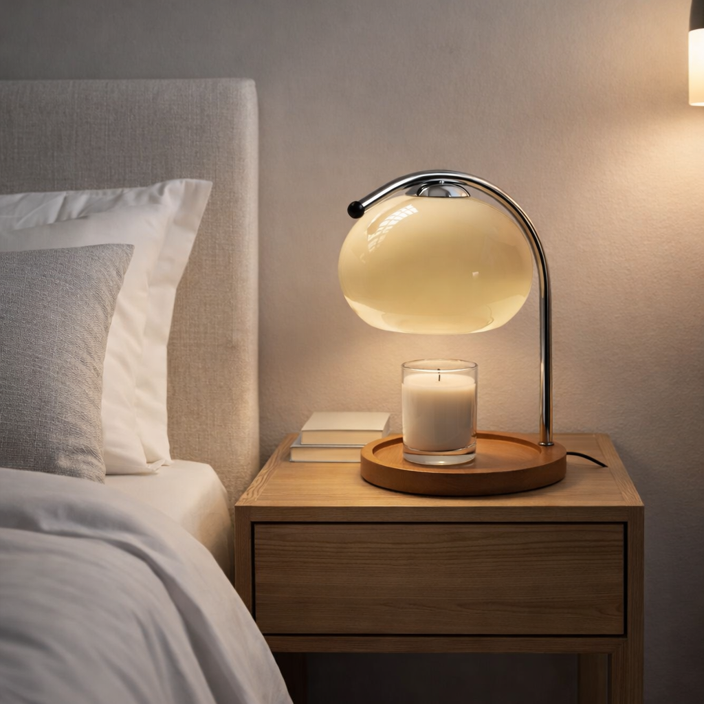 Hvit lampe på nattbord med et lite lys under.