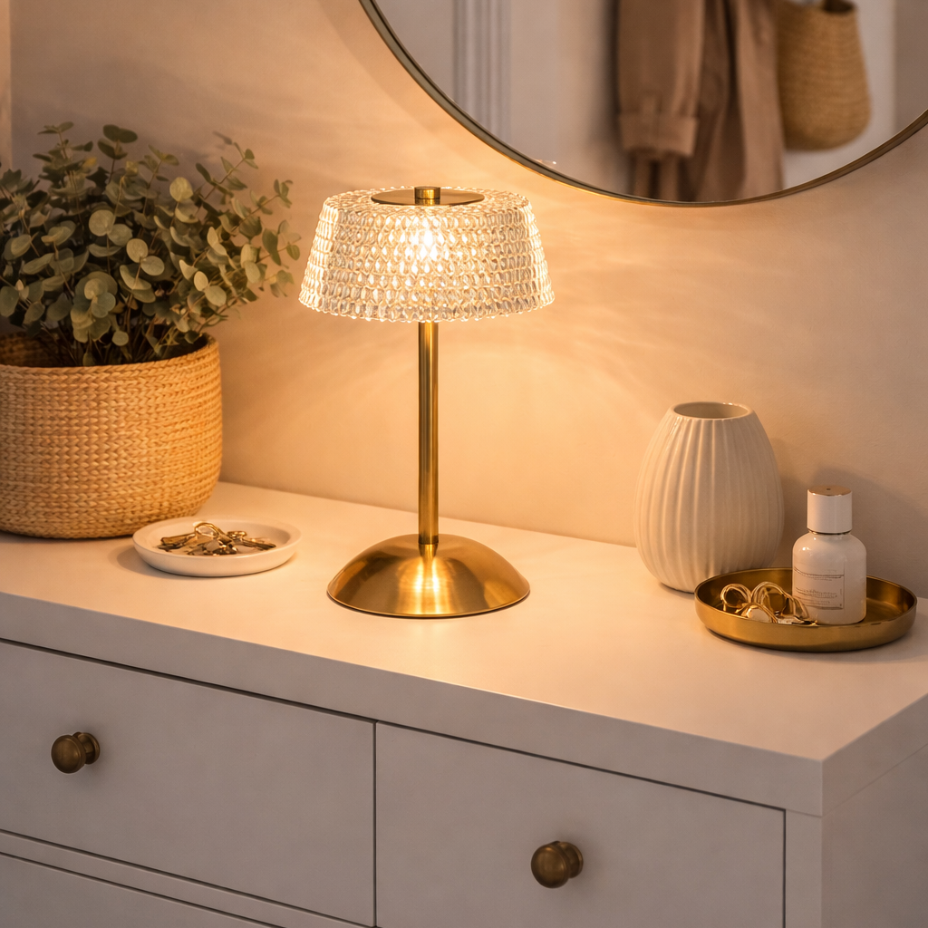 Lampe med glasskjerm på komode i gang med gullstolpe. 