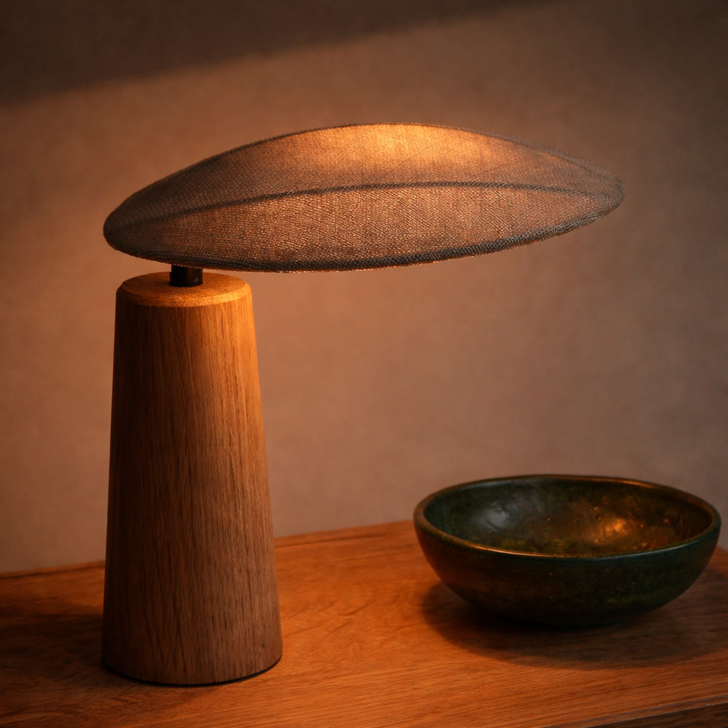 Lampe i tre med stoff hodet i et mørkt rom.