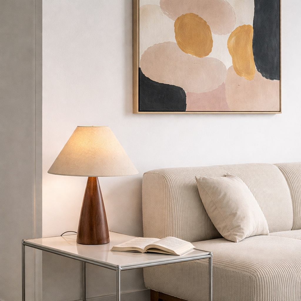 Fin lampe på et bord i en stue.