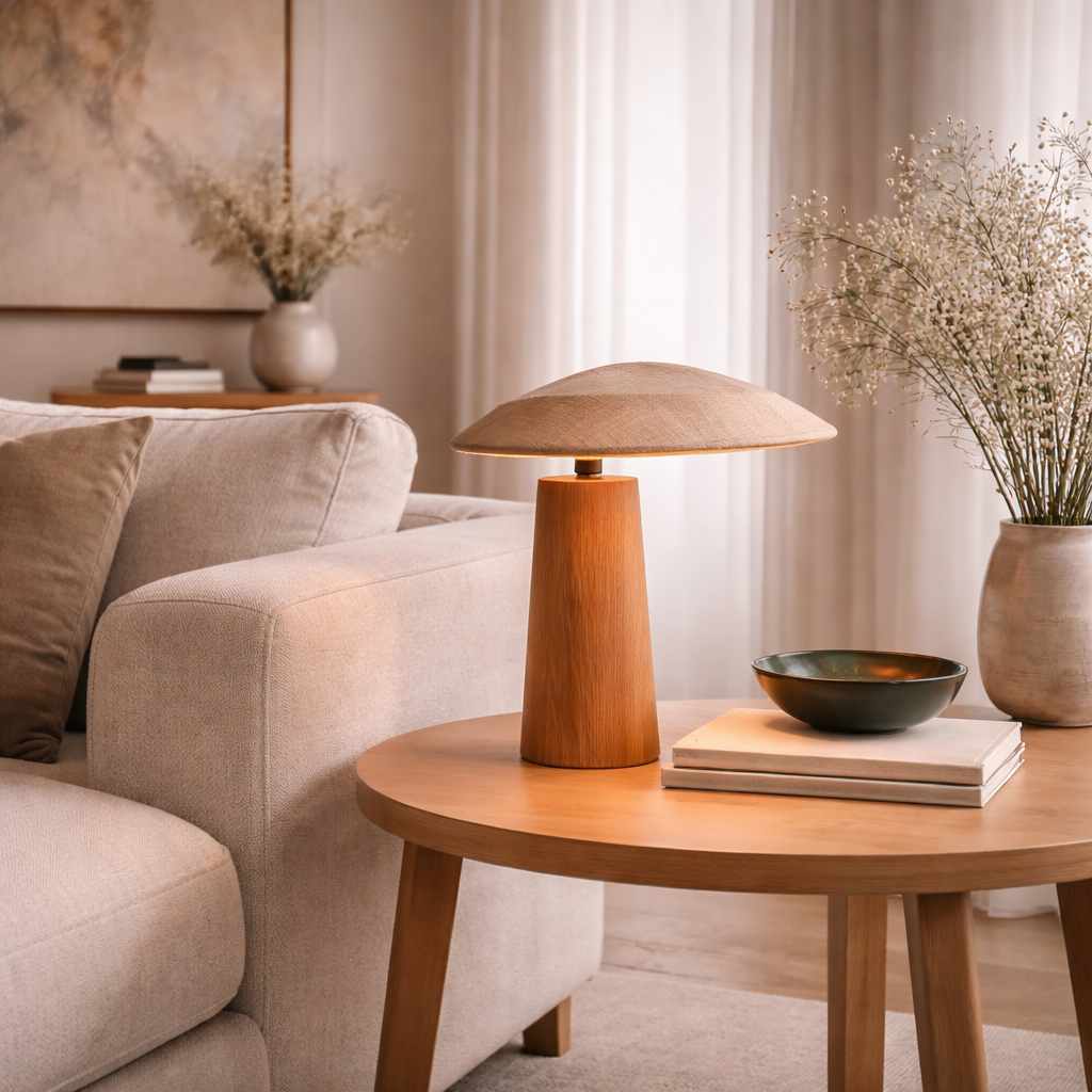 Lampe på et sidebord ved siden av en fin sofa i en stue.
