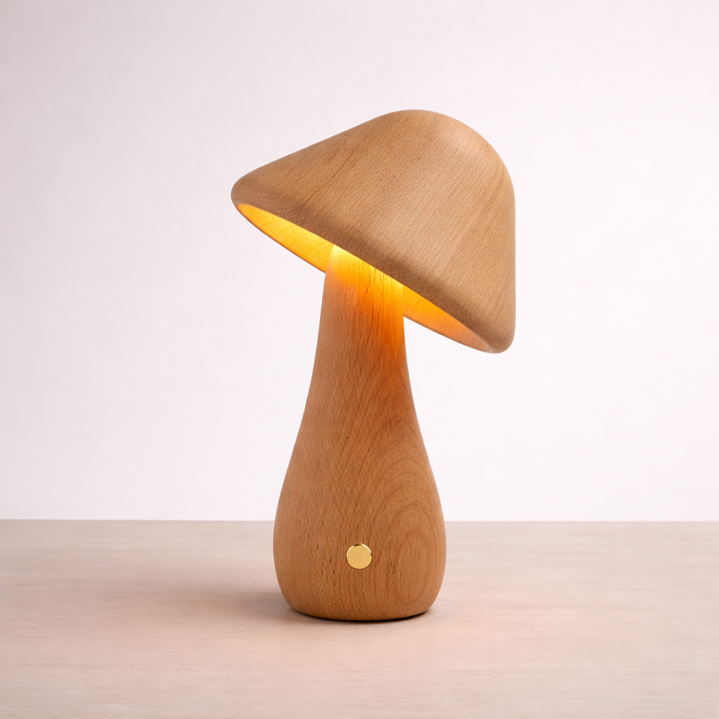 Sommlampe i tre i et fint studio med vippet hode. 