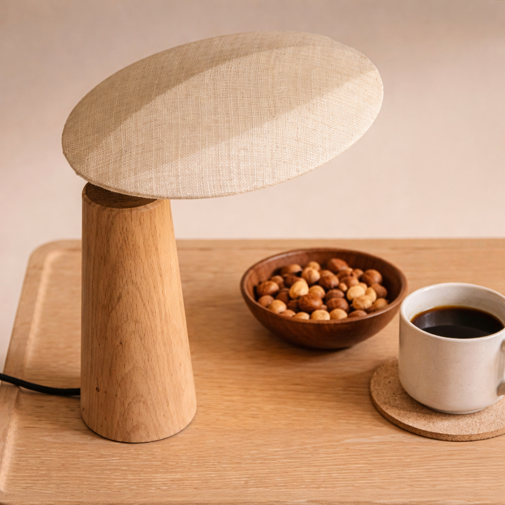 Lampe ovenifra som vier lampen og hodet i stoff med en kopp kaffe og en bolle med nøtter.