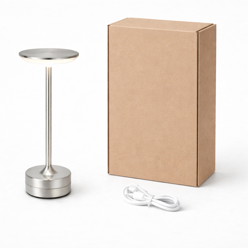 Moderne lampe med usb c abel og brun pakke som viser hva som er i pakken når lampen sendes. 