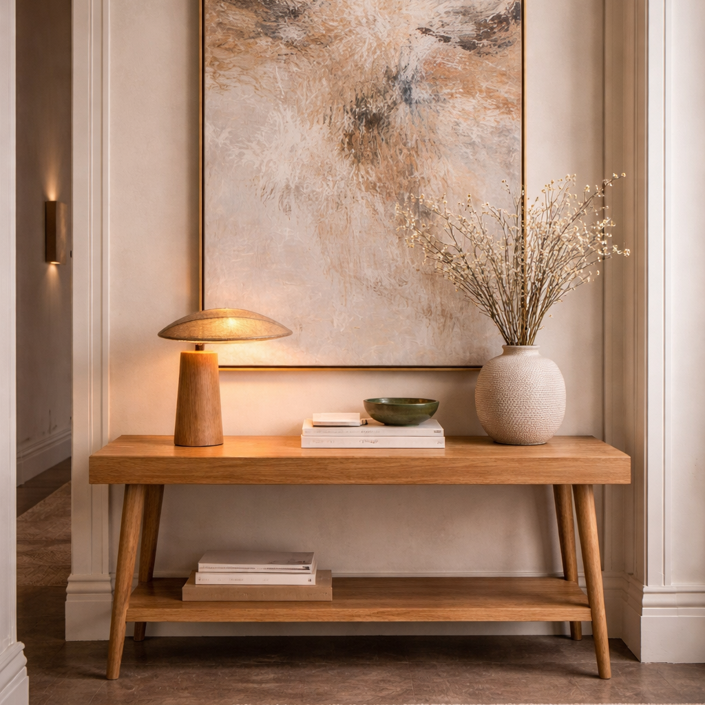 Japansk inspirert lampe i tre på et trebord i en gang.