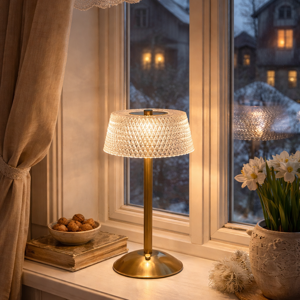 Lampe i et fint vindu i norsk stil.