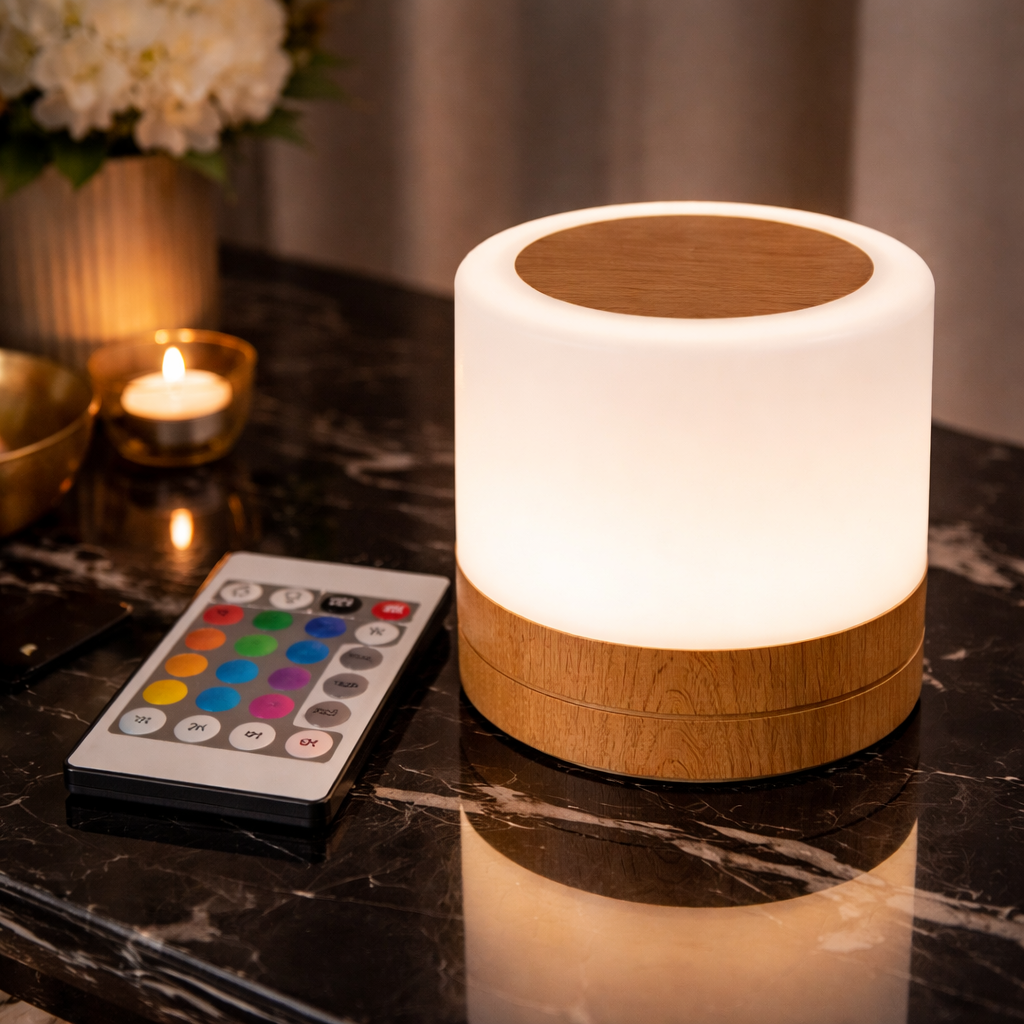 Liten LED lampe perfekt for nattlys, leselampe ved nattbord osv. Kommer med fjernkontroll og flere lysttyper. 