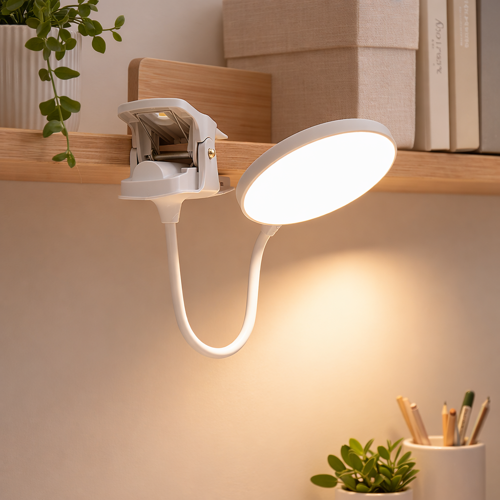 Leselampe med klype på hylle