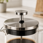 Nærbilde av stållokk på en french press på kjøkken.