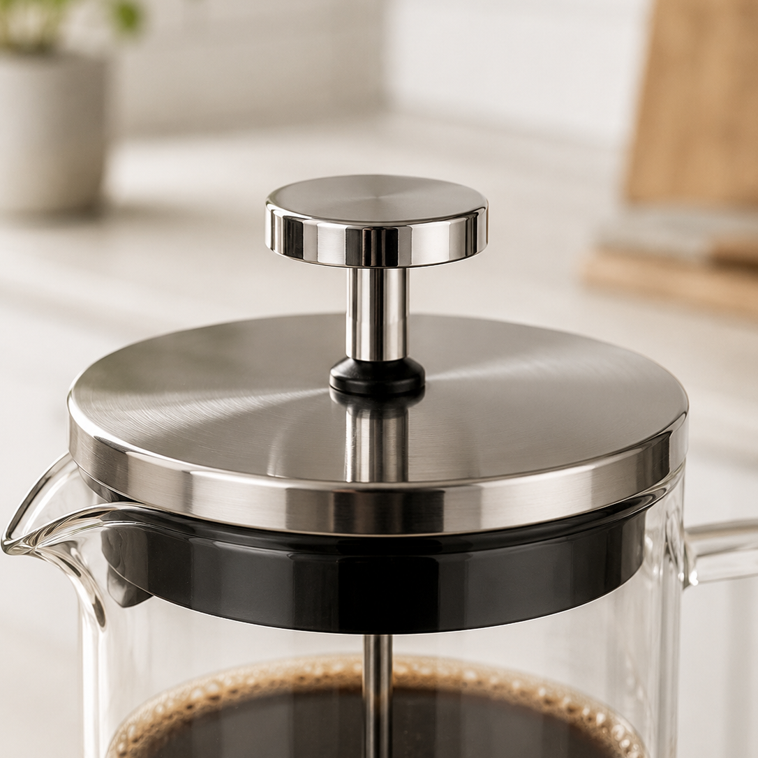 Nærbilde av stållokk på en french press på kjøkken.