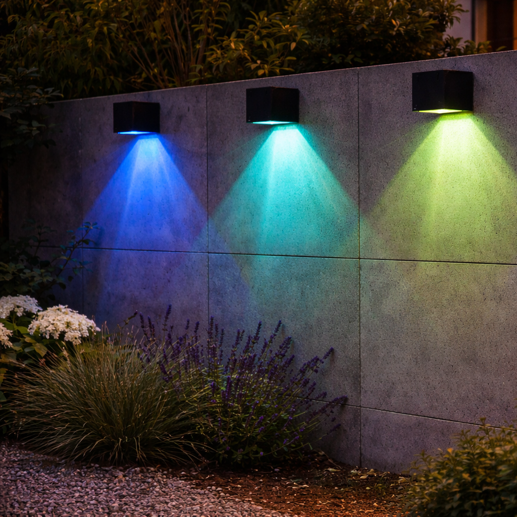 Different colors of the light coming out of led light solar lights in back year.
