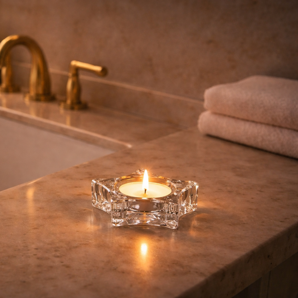 Lite lys og lysholder på et mørkere bad. 