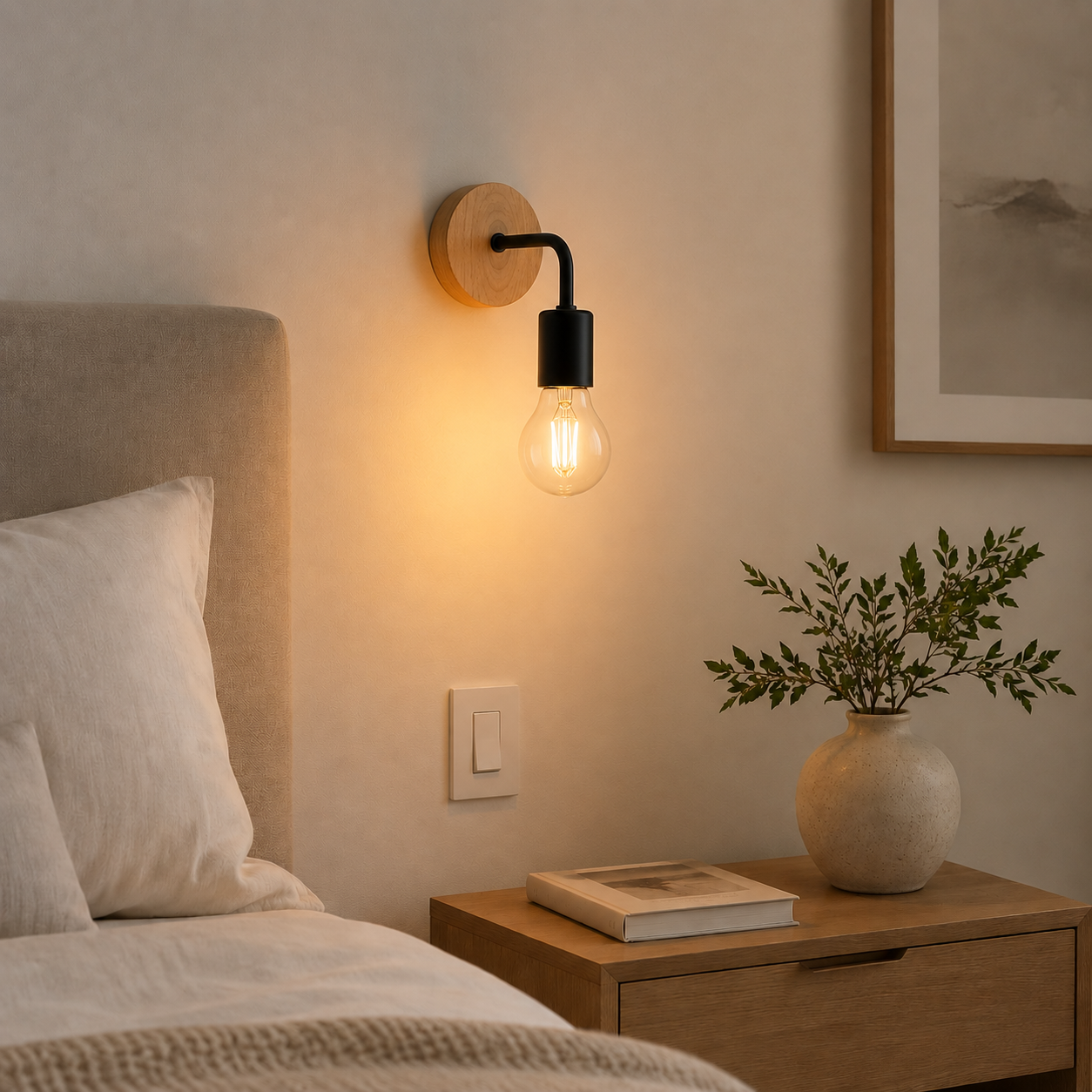 Vegglampe på et hyggelig minimalistisk soverom. Vegglampen av tre og jern insdustriell design. 