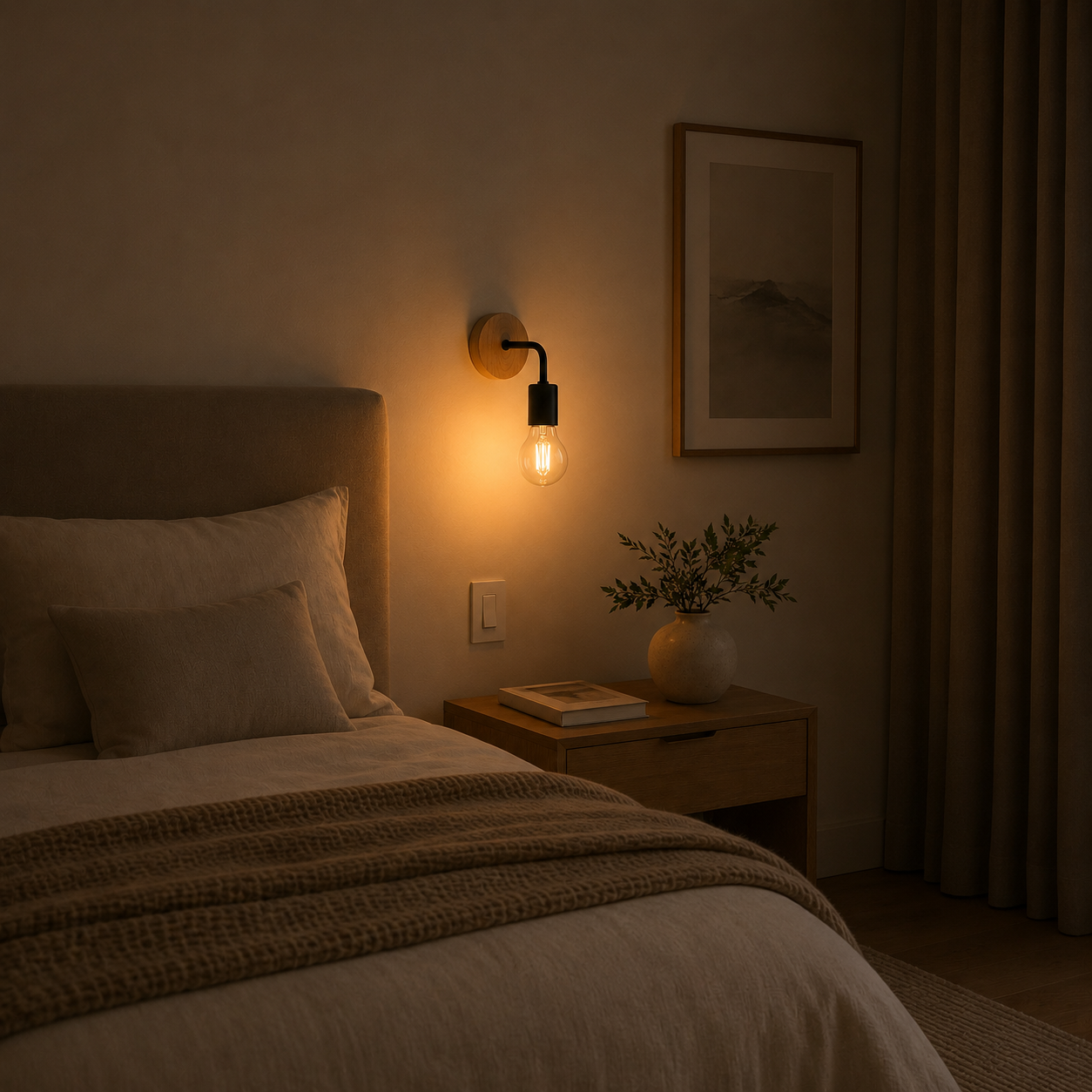 Søtt soverom med industriell lampe med sort sokkel. 