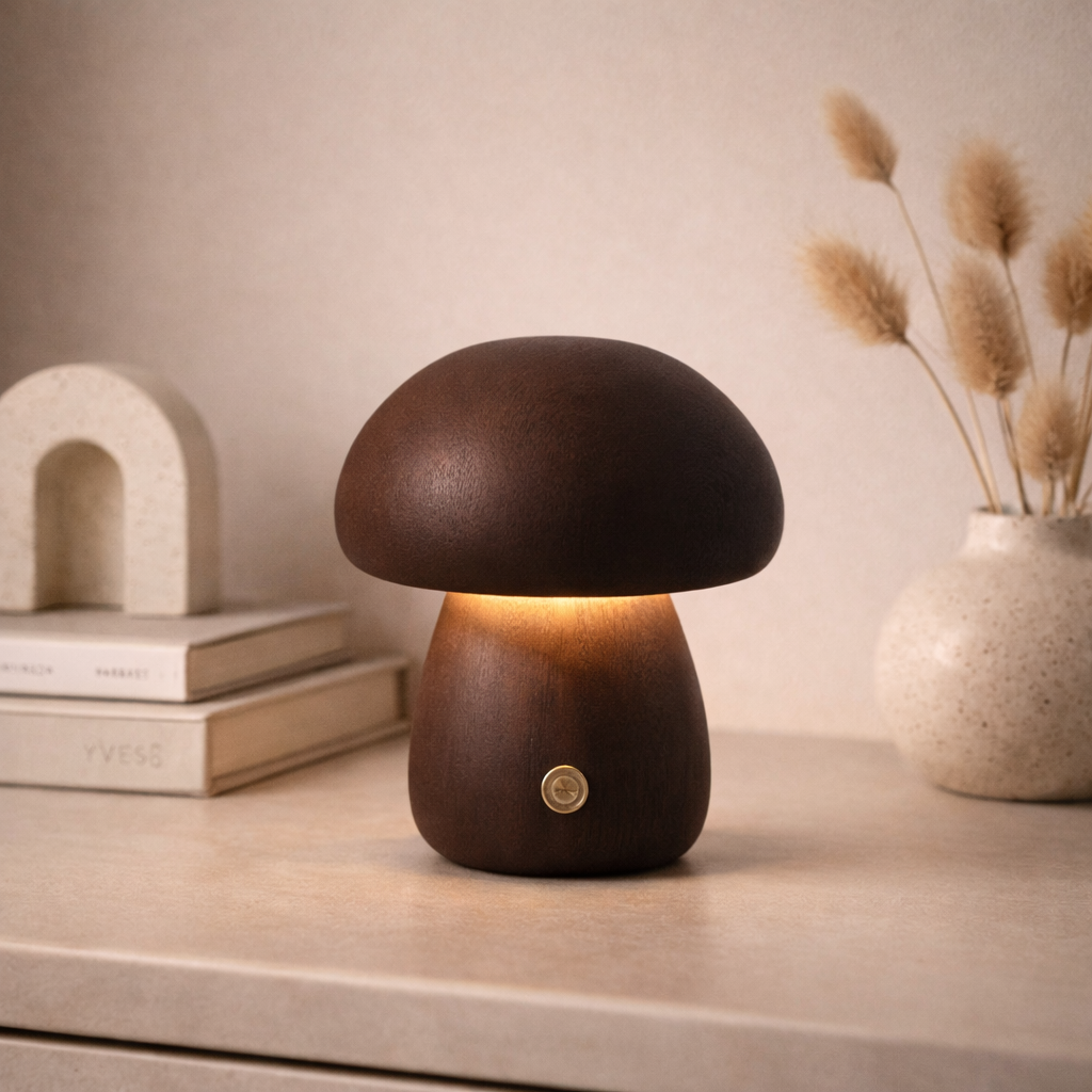 Mini sopplampe i mørk tre og justerbart lys. 