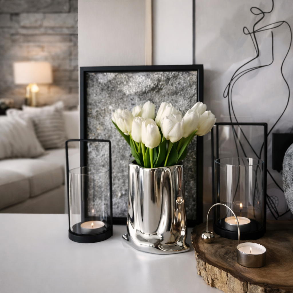 Sølv vase i metall med tulipaner i et fint rom.