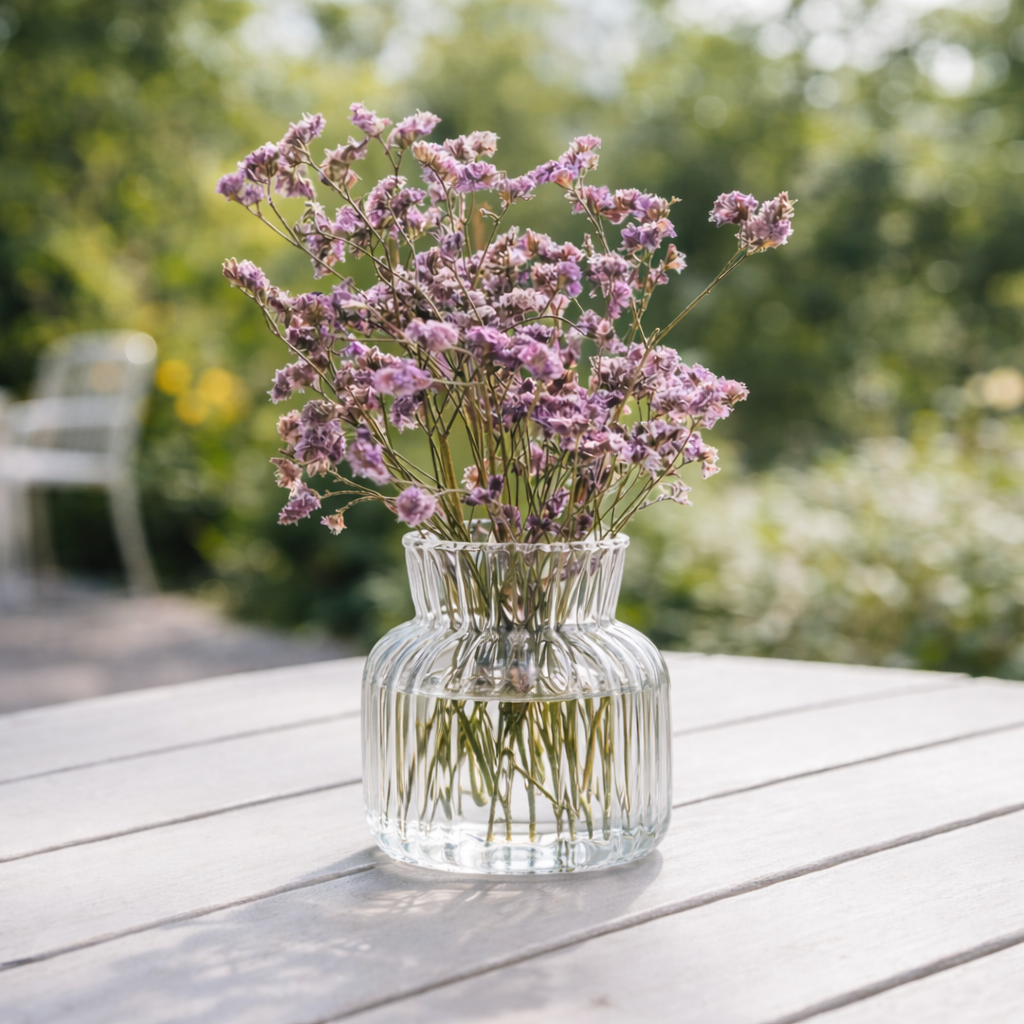 Liten vase med søte lilla blomster.