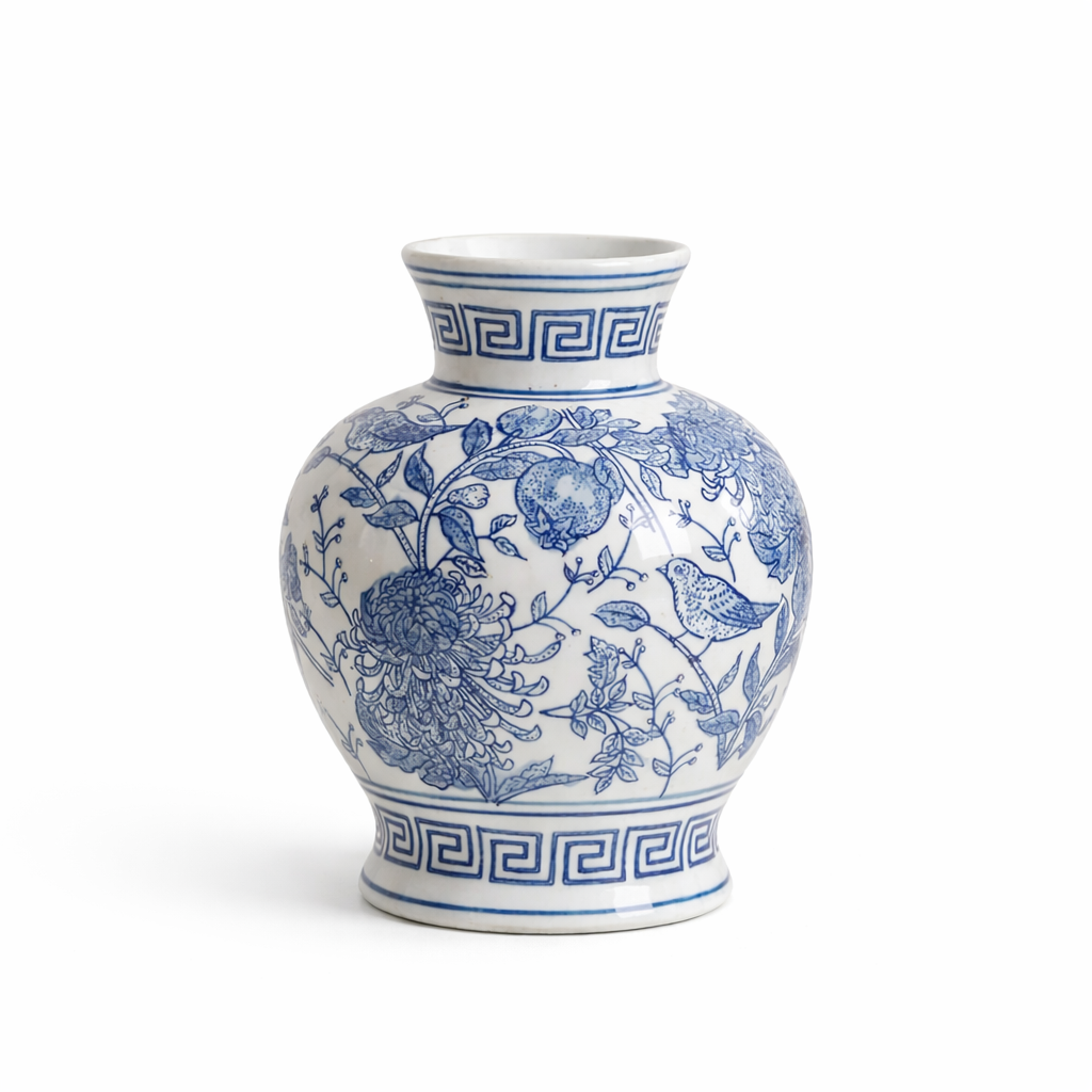 Blå decorvase med antikk design i et studio. 