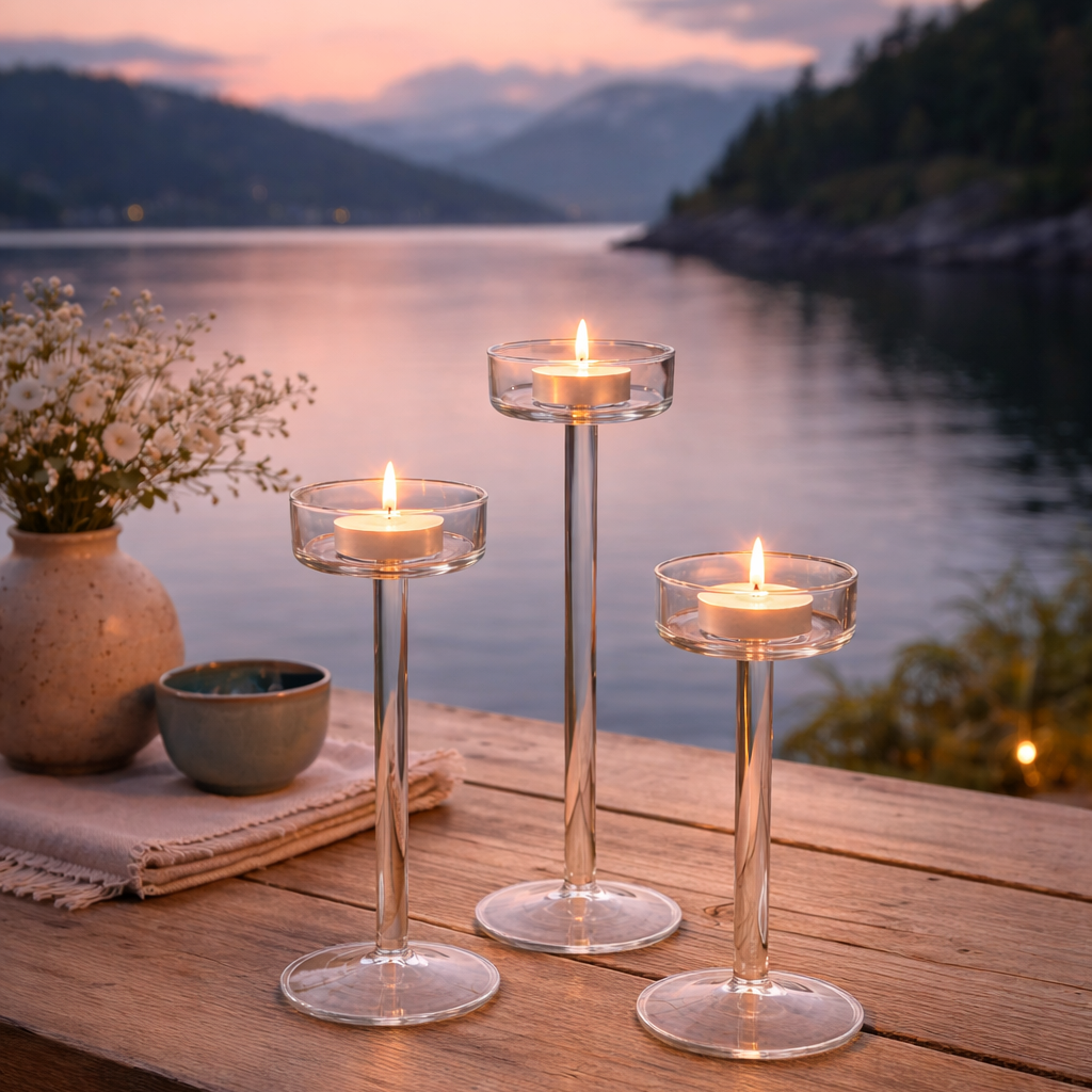 Tre fine lysestaker i glass med fin utsikt ute. 