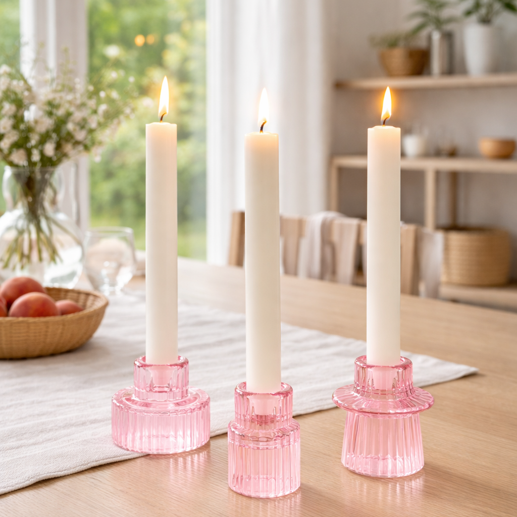 Rosa små lysestaker hjemme i sommeren 