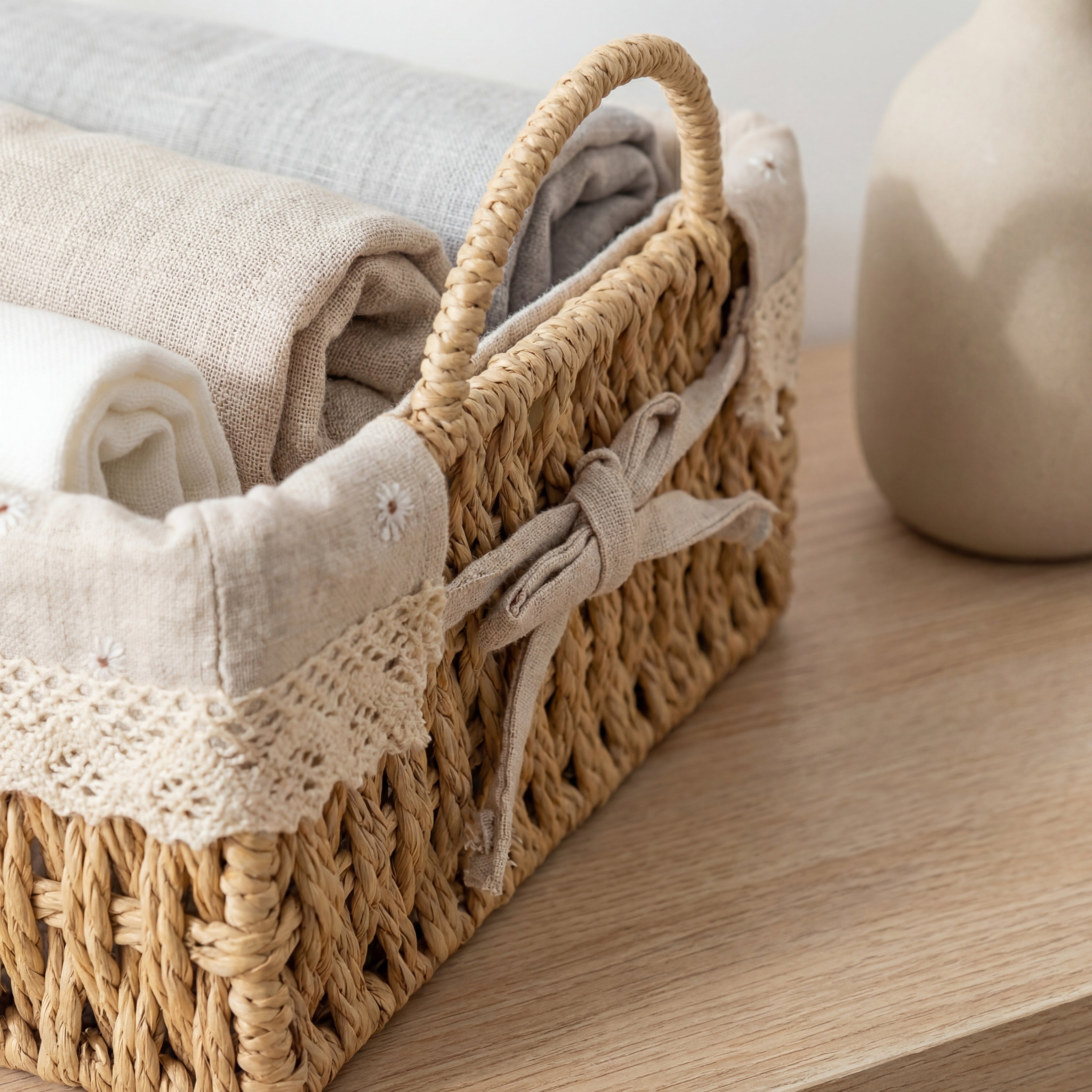 Fin liten basket i jute detaljer på siden.