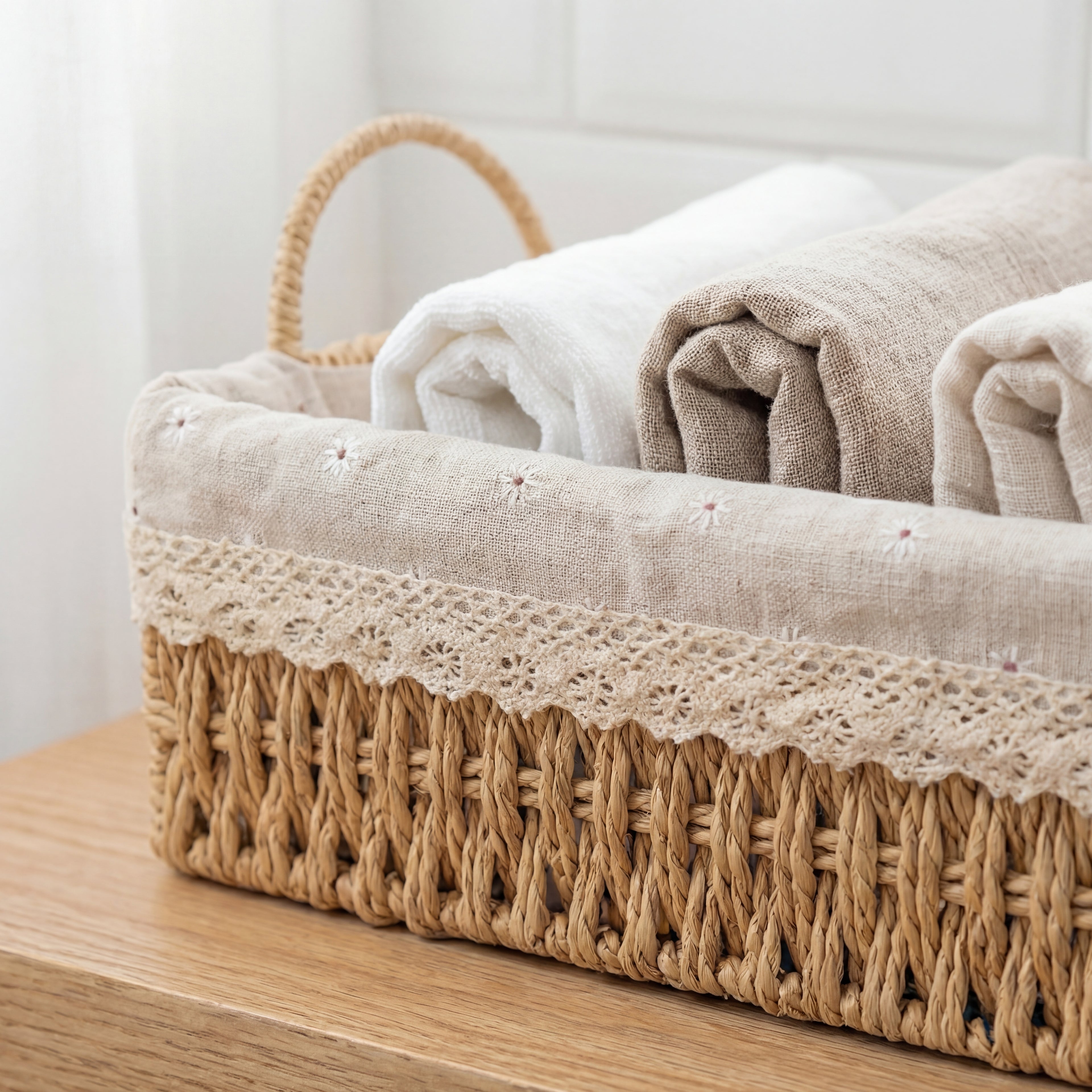 Fin liten basket i jute med detaljer på siden.