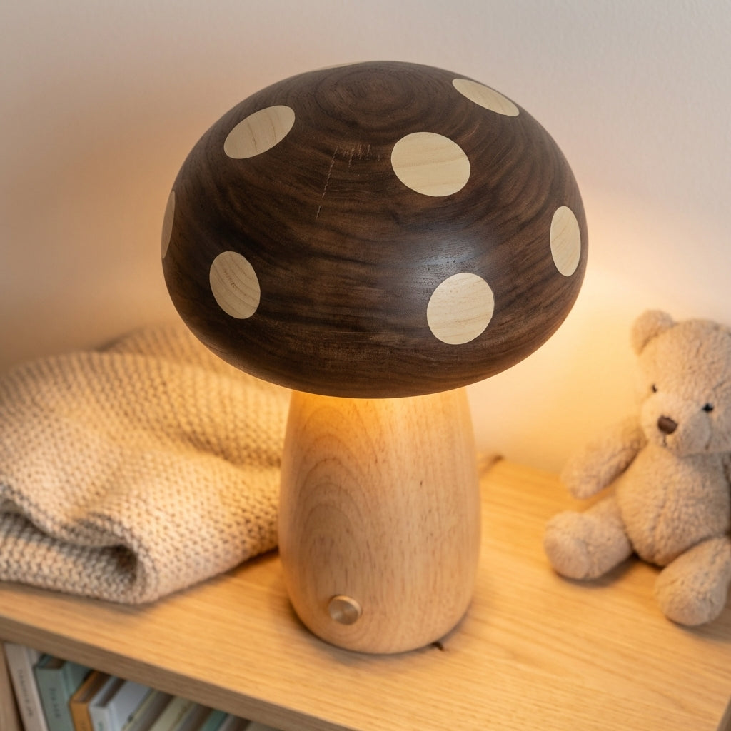 Closeup av en fin lampe i ekte tre på et nattbord. 